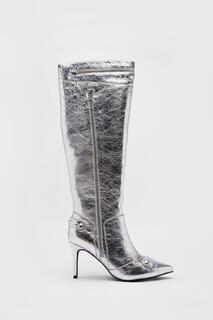 Кожаные сапоги до колена с застежкой-молнией и заклепками металлик с острым носком Warehouse, серебро