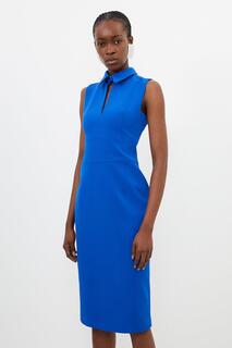 Приталенное платье миди из эластичного крепа с вырезами и воротником Karen Millen, синий