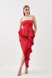 Приталенное платье миди из тафты с двойными рюшами Karen Millen, красный