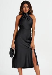 Черное атласное платье миди с разрезом и вырезом на шее, завязкой на спине FS Collection, черный