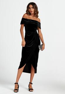 Черное бархатное платье-миди с открытыми плечами FS Collection, черный