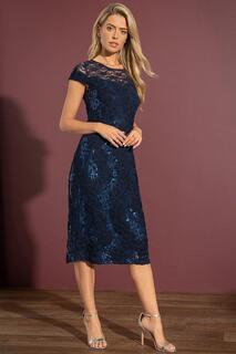 Приталенное фактурное кружевное платье с блестками Klass., синий