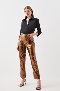 Приталенные брюки прямого кроя из искусственной кожи цвета металлик Karen Millen, бронза