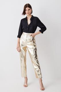 Приталенные брюки прямого кроя из искусственной кожи цвета металлик Karen Millen, золото