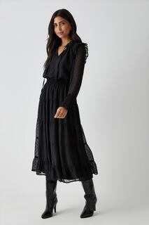 Черное многоуровневое платье миди с завязками в стиле добби Wallis, черный