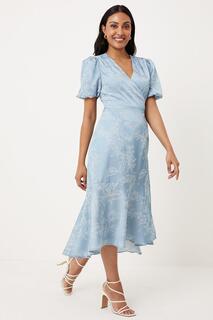 Миниатюрное жаккардовое платье миди с пышными рукавами и цветочным принтом Wallis, синий