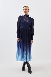 Миниатюрное гипюровое кружевное платье макси с длинными рукавами и эффектом омбре Karen Millen, синий