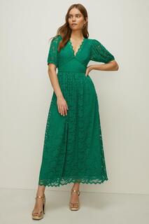 Миниатюрное кружевное платье мидакси с пышными рукавами и V-образным вырезом Oasis, зеленый