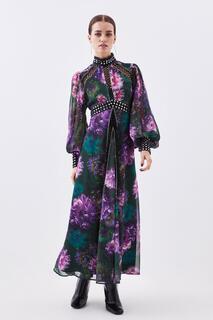 Миниатюрное кружевное тканое платье макси с цветочным принтом и заклепками Karen Millen, мультиколор