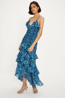 Платье миди с глубоким вырезом и оборками и цветочным принтом Ditsy Oasis, синий