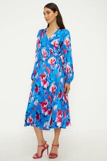 Расписное абстрактное атласное платье миди с запахом Oasis, синий