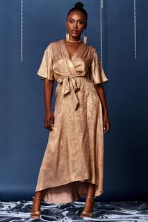 Платье макси с металлизированным эффектом и запахом Jolie Moi, золото