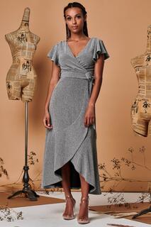 Платье макси с металлизированным эффектом и оборками по подолу Jolie Moi, серебро