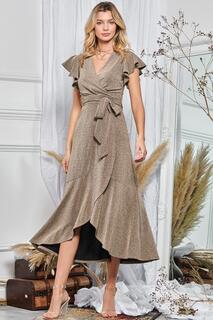 Платье макси с металлизированным эффектом и оборками по подолу Jolie Moi, золото