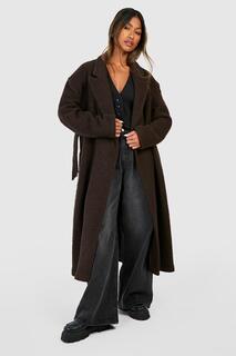 Шерстяное пальто букле с поясом boohoo, коричневый