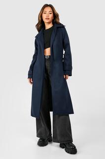Шерстяное пальто с воротником и поясом boohoo, темно-синий