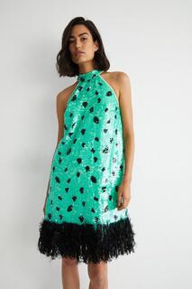 Мини-платье с пайетками и перьями на шее Warehouse, зеленый