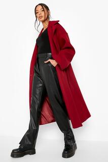 Шерстяное пальто с заниженными рукавами и поясом boohoo, красный
