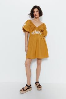 Мини-платье с пышными рукавами и вышивкой Warehouse, желтый