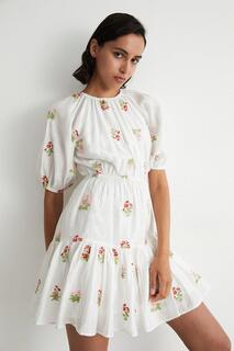 Мини-платье с пышными рукавами и вышивкой Warehouse, белый
