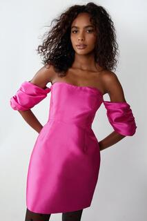 Мини-платье с пышными рукавами и атласным твилом с открытыми плечами Warehouse, розовый