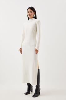 Шерстяное трикотажное платье миди с воротником-воронкой Karen Millen, белый