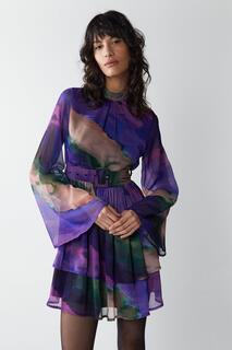 Мини-платье с расклешенными рукавами и полосками омбре Warehouse, фиолетовый