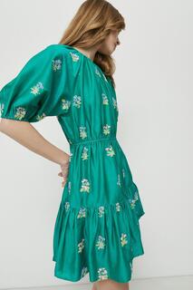 Мини-платье с пышными рукавами и вышивкой Warehouse, зеленый