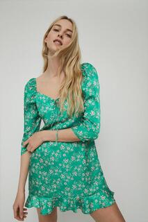 Мини-платье с пышными рукавами и цветочным принтом Warehouse, зеленый