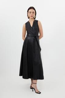 Платье макси с пышной юбкой из искусственной кожи с вырезом и поясом Karen Millen, черный