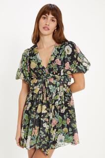Мини-платье с цветочным принтом и металлизированной завязкой спереди Garden Oasis, мультиколор