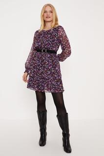 Мини-платье с цветочным принтом и гофрированной талией Oasis, фиолетовый