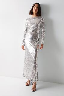Платье макси с разрезным вырезом и пайетками Warehouse, серебро