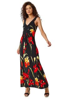 Платье макси с цветочным контрастным поясом Roman, черный