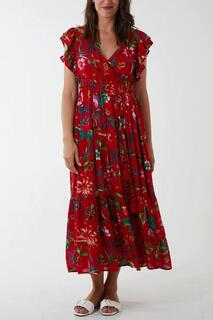 Платье макси с цветочным принтом и короткими рукавами оверсайз HOXTON GAL, красный