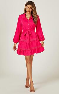 Мини-платье-рубашка с кружевными деталями розового цвета фуксии FS Collection, розовый