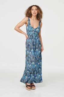 Платье макси-трапеции с принтом павлина Izabel London, синий