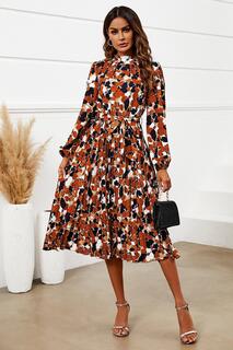Ржавое платье миди с высоким воротником и длинными рукавами с цветочным принтом FS Collection, оранжевый