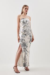 Платье мидакси из атласной ткани премиум-класса без бретелек с цветочным принтом и вставками Karen Millen, мультиколор