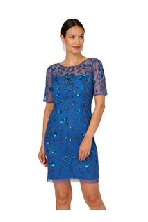 Короткое платье с цветочным принтом из бисера Adrianna Papell, синий