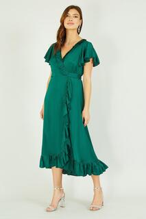 Зеленое атласное платье миди с запахом Yumi, зеленый