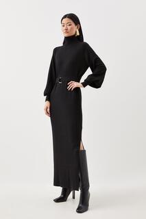 Платье мидакси из смесовой шерсти с длинными рукавами, поясом и воротником-воронкой Karen Millen, черный