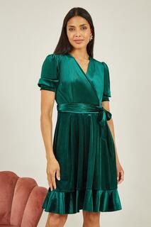 Зеленое бархатное платье с плиссированной юбкой с запахом и поясом-бантом Mela, зеленый