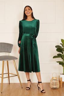 Зеленое бархатное платье миди с длинными рукавами и плиссированной юбкой Yumi, зеленый