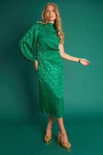 Зеленое жаккардовое платье-миди на одно плечо с золотыми пуговицами ANOTHER SUNDAY, зеленый
