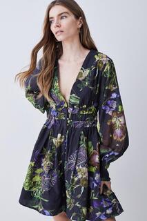 Короткое тканое платье Botanica из шелкового хлопка с цветочным принтом Karen Millen, мультиколор