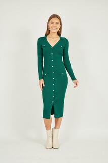 Зеленое вязаное приталенное платье-миди на пуговицах Mela, зеленый
