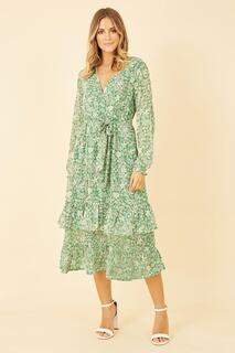 Зеленое многоуровневое платье миди с длинными рукавами и запахом с цветочным принтом Yumi, зеленый