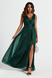 Зеленое платье макси для подружек невесты с блестками и V-образным вырезом FS Collection, зеленый