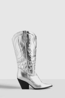 Широкие ковбойские сапоги до колена цвета металлик в стиле вестерн boohoo, серебро